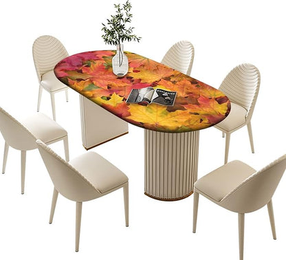Autumn Oval Maple Leavs Fitted Table Covers, Fall Orange Yellow Leafs Pattern Print Oblong Tablecloths, Fits to 52x70 In Tables, Elastic Edged Table Cloth for Thanksgiving Day Outdoor Party and Patio