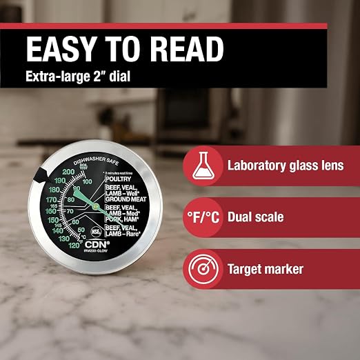 CDN Ovenproof Meat Thermometer – Glow Dial | ProAccurate® | 2" Easy-Read Dial | Waterproof, Recalibratable | For Oven Roasting, Poultry, Beef, BBQ | IRM200-GLOW