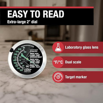 CDN Ovenproof Meat Thermometer – Glow Dial | ProAccurate® | 2" Easy-Read Dial | Waterproof, Recalibratable | For Oven Roasting, Poultry, Beef, BBQ | IRM200-GLOW