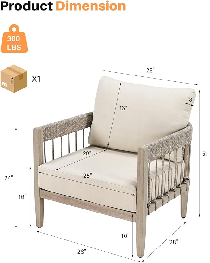 Patio Sofa Chairs Set of 2, Never-Rust Aluminum Outdoor Armchairs with Faux Wood Grain Finish, 2 Pieces Rope Weave Outdoor Sofa Chairs with Removable Cushions for Garden, Backyard, Deck