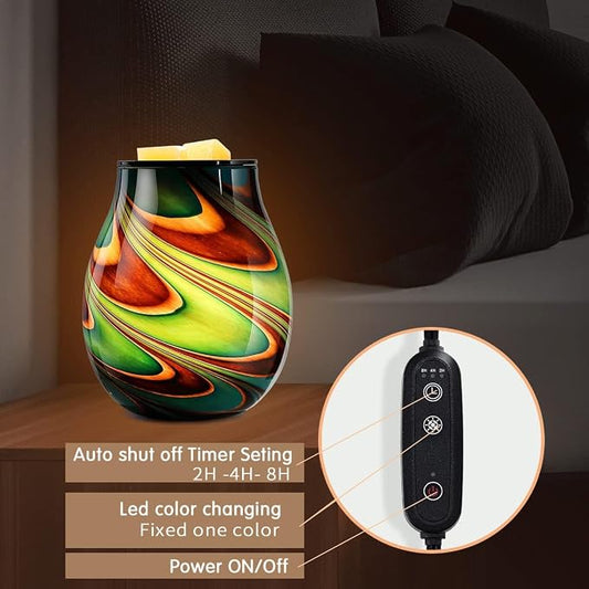 Inrorans Glass Electric Wax Melt Warmer Oil Burner with Stable Heating PTC Reusable Silicone Tray 7 Colorful Changing Led Light Night Light Scent Warmer for Home Fragrance Warmers-Brownblue Timer