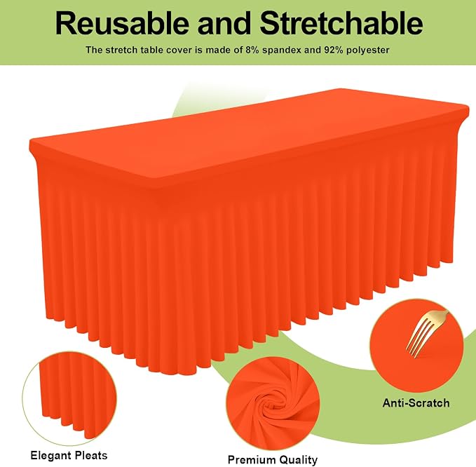 Smiry Spandex Elastic Fitted Table Cloth Skirt for 6FT Rectangle Table | Stretch Washable Table Cloth, Banquet Table Cover for Wedding, Party, Indoor & Trade Shows, (Orange, 72Lx30Wx30H)