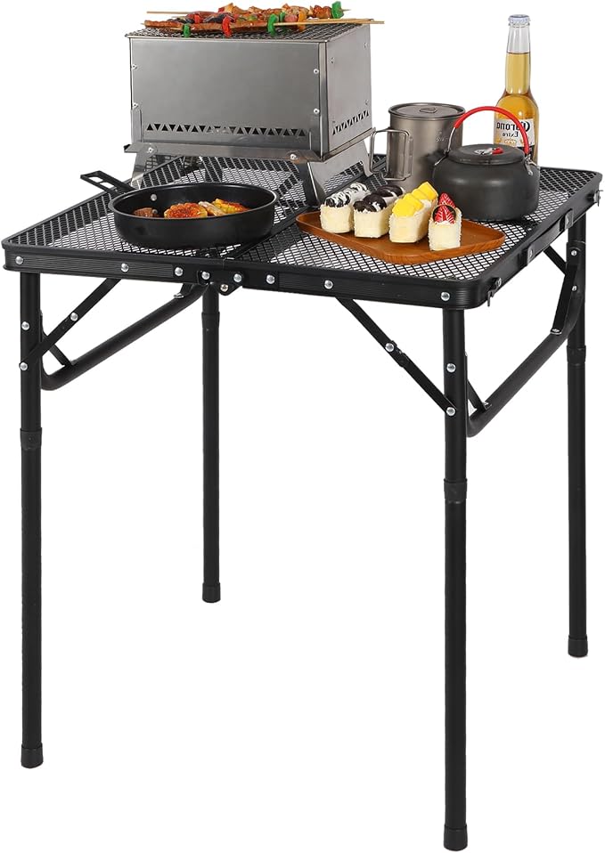 REDCAMP 24" Square Folding Grill Table for Outside, Lightweight Portable Metal Aluminum Outdoor Grill Table with Adjustable Height Legs, Great for Camping Picnic Cooking BBQ, Black, 2ft