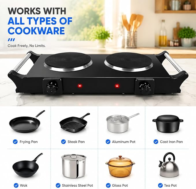 2000W Portable Electric Double Burner Hot Plate, Countertop Coil Heating Stove with 5 Temperature Control & Carry Handles for Home Kitchen RV Camping Use (black)