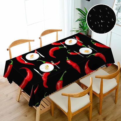 Swono Chili Pepper 52"X70" Oblong Table Cloth Red Hot Chili Pepper On Black Wrinkle Free Table Cover Farmhouse Tablecloth for Home Restaurant Picnic Indoor Outdoor Dining, 4-6 Seats