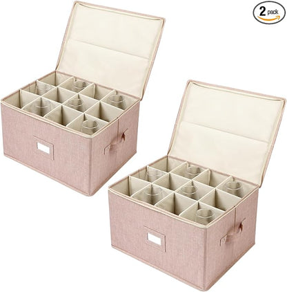 Wine Glass Storage Box, Stemware Storage Containers Cases with Dividers | Glassware Storage Containers Holds 24 Red or White Wine Glasses, Hard Top and Sides (2 Pack Beige)