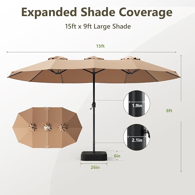 15FT Patio Umbrella, Double-Sided Outdoor Umbrella with base included, Large Standing Umbrella with Crank Handle & Ventilation, Rectangular patio umbrella for Pool, Backyard, Deck, Lawn & Beach