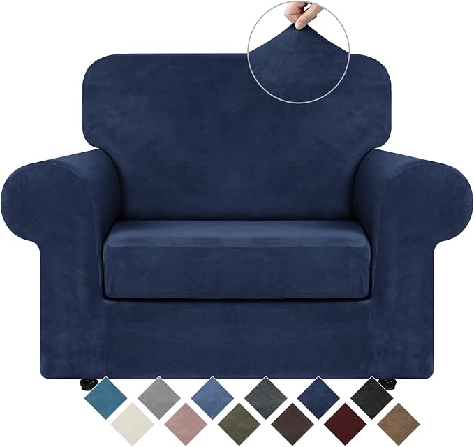 WEERRW Velvet Stretch 2 Pieces Chair Sofa Slipcovers Washable, Navy Blue | Armchair Slipcovers Luxury Soft Velvet Plush Furniture Protector Couch Cover with Elastic Bottom for Kids Pets, Small