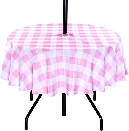 Poise3EHome Round Outdoor Tablecloth with Umbrella Hole and Zipper,Pink and White Gingham 60 Inch,SpillProof Washable Table Cloth for Spring Summer Patio Garden Poolside Picnic Camping BBQS