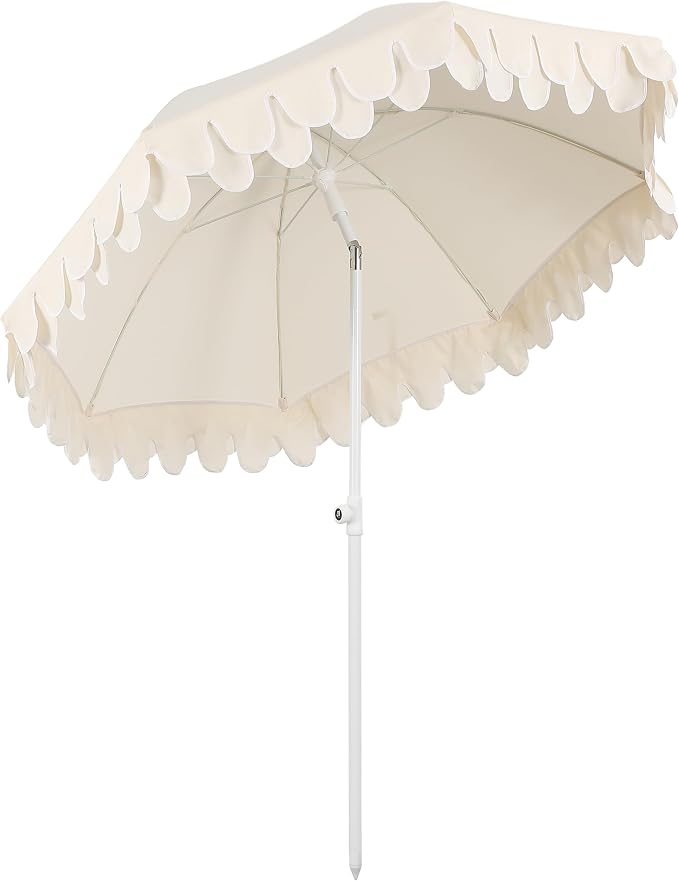 JONATHAN Y Horizon 6.5 ft. Scalloped Fringe Beach Umbrella, Cream | UV 50 Sun Protection, Push Button Tilt, Matching Carry Bag, White Iron Pole, Wind Vent, 8 Fiberglass Ribs, Pointed End