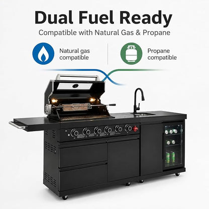 84 Inch Outdoor Kitchen Island Grill, 6 Burner 75300 BTU Propane BBQ Island with Sink, Beverage Refrigerator, Rotisserie Kit, Griddle, SS304 Stainless Steel, Granite Top, Black