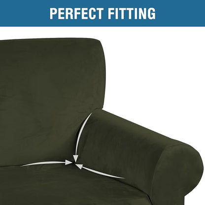 H.VERSAILTEX Stretch Velvet Loveseat Covers for 2 Cushion Couch Covers for Living Room Sofa Covers Slipcovers with Non Slip Straps Bottom, Ultra Thick Comfy Velour (Width 58"-72", Olive)