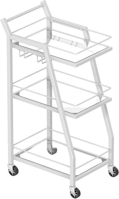 Bar Cart, 3-Tier Home Bar Serving Cart with Wheels, Drink Cart with Glass Holder, Beverage Cart, Rolling Kitchen Cart, for Home, Living Room, Transparent and White BC03WT
