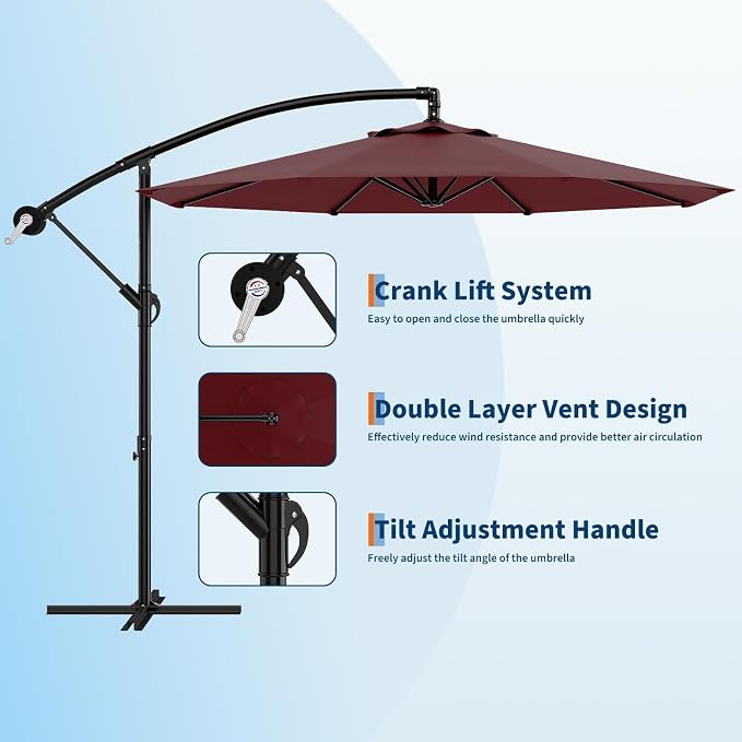 Garvee 10FT Offset Patio Umbrella with Cross Base, Burgundy | Cantilever Umbrella with Easy Lift & Tilt Adjustment, 8 Ribs Sun umbrella UV Protection for Backyard, Pool, Garden