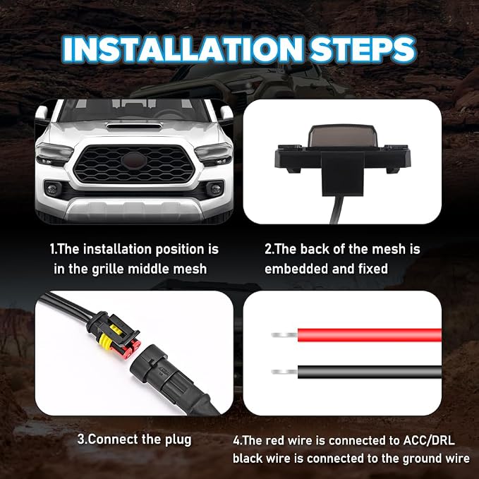 4PCS Grill Light Fit for Tacoma TRD Off Road & Sport OEM 2020-2023 White | with Fuse Adaptor, with 4-in-1 Wire Harness, LED Grille Light Bar Compatible with Toyota Tacoma TRD Off Road & Sport OEM