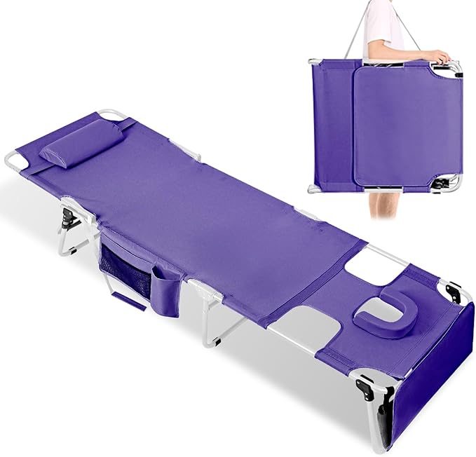 Tanning Chair with Face Hole, Adjustable Folding Chaise Lounge Chairs for Outside with Detachable Pillow & Pocket，Portable flat beach chairs for sunbathing, beach lawns camping (Purple, Standard)