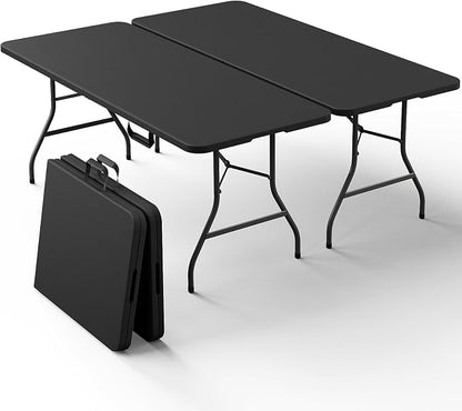 2 Pack 6FT Folding Table, Foldable Picnic Table with Carrying Handle, Heavy Duty Fold-in-Half Portable Table for Weddings, Camping, RV Travel, Parties, BBQs, Easy to Fold and Store, Black