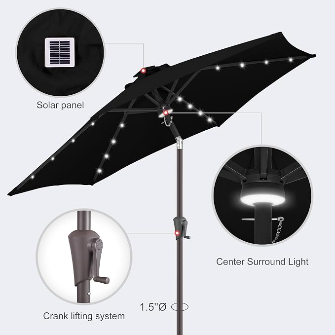 Solar Patio Umbrella with Centre Light, 7.5 ft Black | 24 LED Lights, UV Protection, Small Solar Outdoor Umbrella for Porch, Deck, Pool, Table, Garden, Provides Evening Lighting