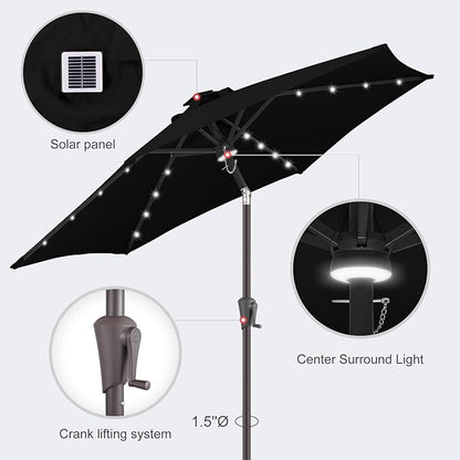 Solar Patio Umbrella with Centre Light, 7.5 ft Black | 24 LED Lights, UV Protection, Small Solar Outdoor Umbrella for Porch, Deck, Pool, Table, Garden, Provides Evening Lighting