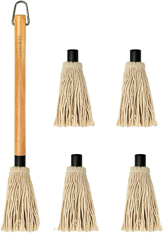 YFWOOD BBQ Mop Brushes for Sauce,18 Inch Grill Basting Mop Wooden Long Handle BBQ Mop with 4 Extra Replacement Heads for BBQ Grilling Smoking Steak