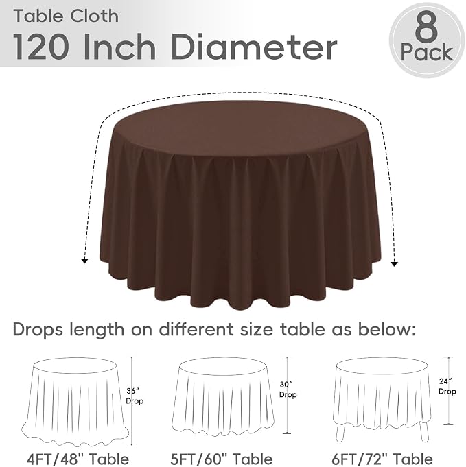 8 Pack Brown Round Tablecloth 120 Inch | For 4Ft-7Ft Round Table, Wrinkle Resistant Table Cloth, Washable Polyester Fabric, For Wedding Party Banquet Buffet Camping