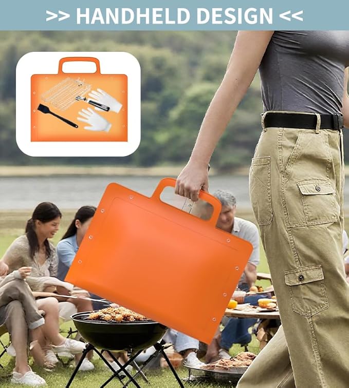 Large Silicone Grill Mat, Heat Resistant Non-Slip BBQ Mat, Foldable Grill Side Shelf Pad with Snap Buttons, Food-Grade, Convertible Storage Bag for BBQ Utensils & Accessories, Orange