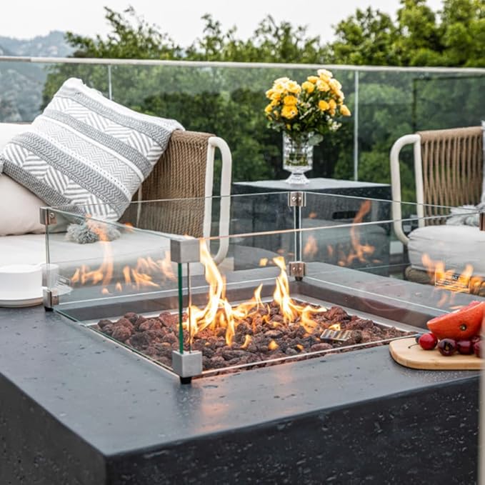 Elementi Manhattan Fire Pit Bundle Outdoor Firepit Set Includes 36” Dark Grey Propane Concrete Firepit Table, Glass Windscreen, Stainless Steel Cover, Canvas Cover, Floor Mat, Ice Bucket