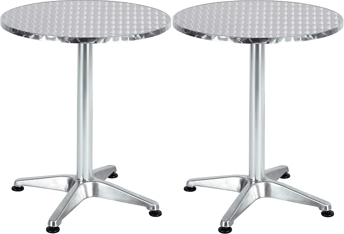 Set of 2, 23.75" Round Stainless Steel Restaurant Table – Commercial Indoor Outdoor Dining Table with Base – Aluminum Bistro Cafe Patio Furniture