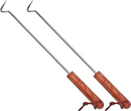 2Pcs Food Flipper Turner Hooks Stainless Steel BBQ Meat Hooks Cooking Barbecue Turners Hooks Grill Accessories with Wooden Handle for Grilling & Smoking (2 Pcs 17.5 in)