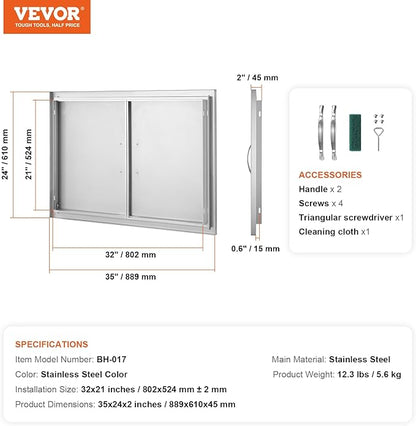 VEVOR BBQ Double Door, 35W x 24H Inch Stainless Steel Flush Mount Vertical Door with Handles, for Grilling Station