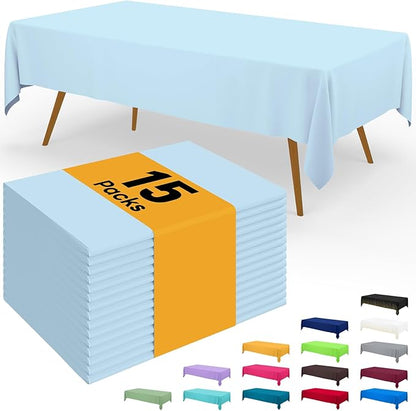 Smiry Disposable Table Cloth - 15 Pack, 54 x 108 Inch Waterproof Rectangle Tablecloths for Parties, Decorative Plastic Table Cover, Leakproof & Sturdy, Baby Blue