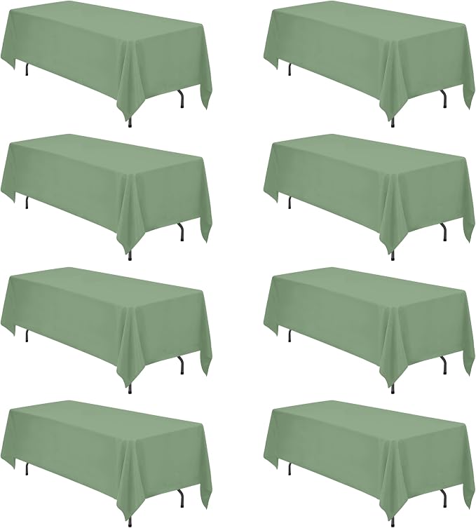 BRILLMAX 8 Pack Sage Green Tablecloth 70x120 Inch for 6-8ft Rectangle Table | 150 GSM Polyester Fabric, Universal Fit, Water, Stain & Wrinkle Resistant Cloth Cover for Wedding Reception Banquet Party