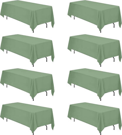 BRILLMAX 8 Pack Sage Green Tablecloth 70x120 Inch for 6-8ft Rectangle Table | 150 GSM Polyester Fabric, Universal Fit, Water, Stain & Wrinkle Resistant Cloth Cover for Wedding Reception Banquet Party