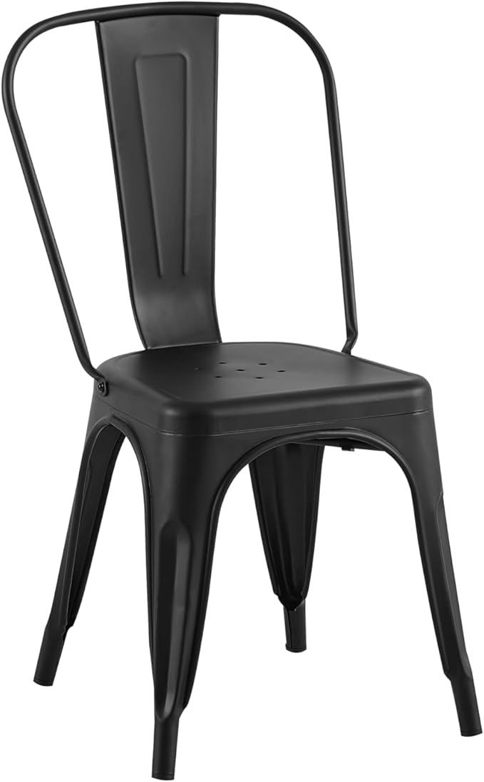 AC Pacific Stackable Metal Dining Chairs Set of 4 for Indoor and Outdoor Use, Durable Stacking Seat, Farmhouse Kitchen, Bar, Patio, Bistro, Cafe, Industrial Style, Matte Black