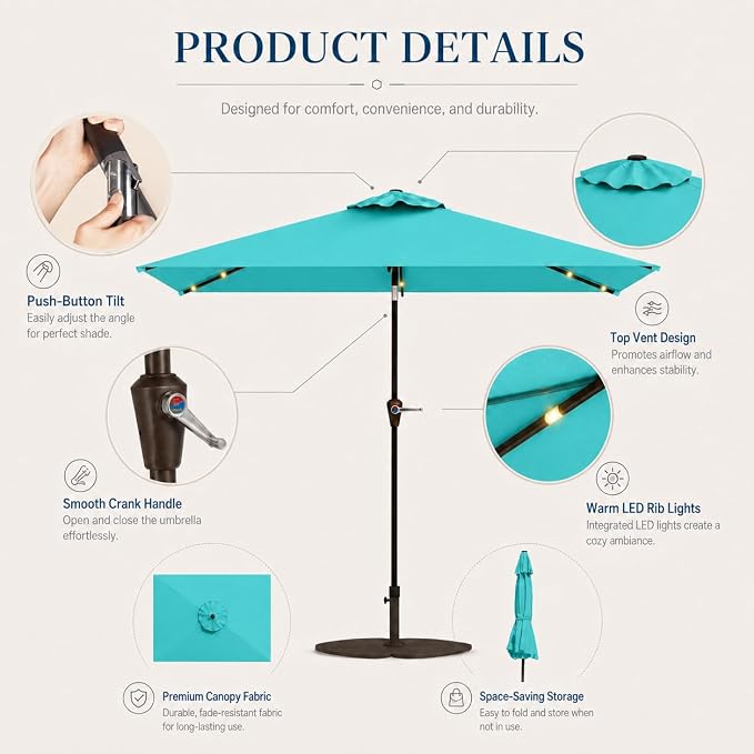 6.5 x 10ft Rectangular Patio Umbrella with Solar Lights, 16 LED Lighted Market Umbrella with Push-Button Tilt and Crank, 6 Sturdy Iron Ribs for Garden, Deck, Pool, Aqua Blue