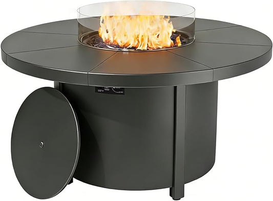 48 Inch Round Propane Fire Pit Table, 55000 BTU Auto-Ignition Gas Fire Pit with Steel Tabletop, Adjustable Flame, Windshield, Lid & CSA Certification for Patio Backyard Garden