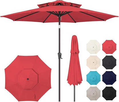 9FT Outdoor Patio Umbrella - 2 Tiers Table Umbrella Waterproof UV Protection, Sombrillas de Patio with Push Button Tilt, Sun Umbrella for Pool, Porch, Garden, Backyard (Red)