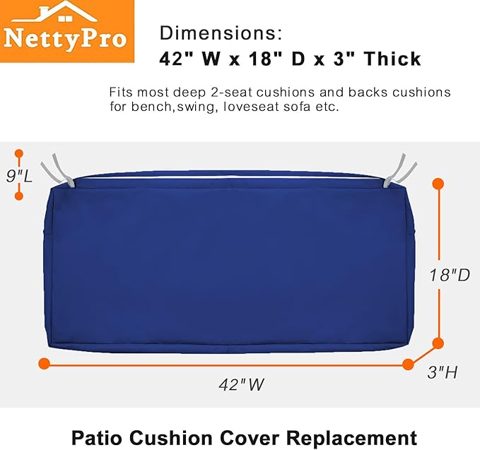 NettyPro Patio Bench Swing Loveseat Cushion Covers, Water Resistant UV Protection Outdoor Furniture Cushion Slipcovers with Zipper, Navy, 42 x 18 x 3 Inch