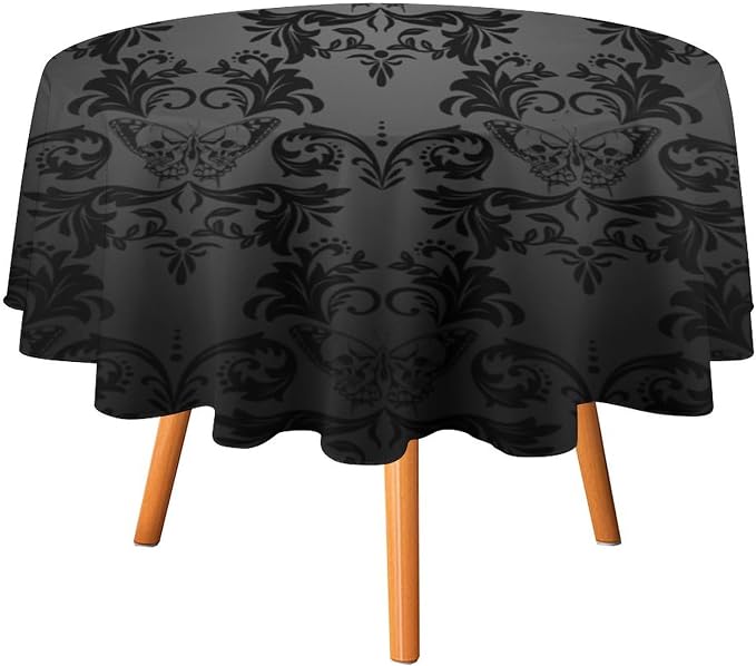 Gothic Black Damask Round Tablecloth, Vintage Floral Exotic Butterfly Suger Skull Bohemian Antique Tables Cloth Water Resistant Table Cover for Farmhouse Party Holiday Kitchen Dinner Table 36"