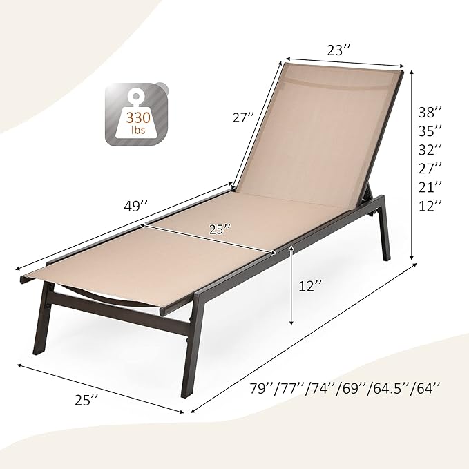Tangkula Outdoor Chaise Lounge Chair Set of 2, 6-Position Adjustable Reclining Chair with Breathable Fabric and Heavy Duty Steel Frame, Patio Lounge Chair for Garden, Backyard and Poolside (2, Brown)
