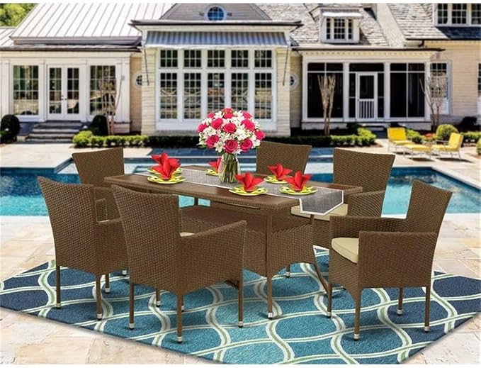 East West Furniture OSBK7-02A 7 Piece Outdoor Wicker Patio Furniture Sets Consist of a Rectangle Bistro Table with Glass Top and 6 Balcony Armchair with Cushion, 36x60 Inch, Brown