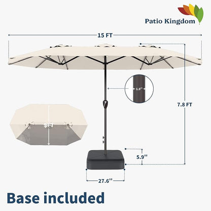 15FT Double Sided Patio Umbrella with Base Included Large Outdoor Market Umbrella with Crank Handle, UV Resistant Canopy, Sturdy Frame for Garden, Poolside, Deck, Creamy White