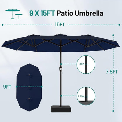 AreShark 15FT Outdoor Patio Umbrella with Crank, Large Rectangular Market Umbrella, Double-Sided Outdoor Umbrellas with Cross Base & Sandbag for Porch, Lawn, Pool, Backyard, Navy