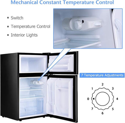 COSTWAY 3.2 Cu.ft. Mini Fridge with Freezer for Bedroom, Dorm, Office | Small Compact Refrigerator with Reversible 2-Door, Adjustable Temperature, LED Lights, Removable Glass Shelves, Black