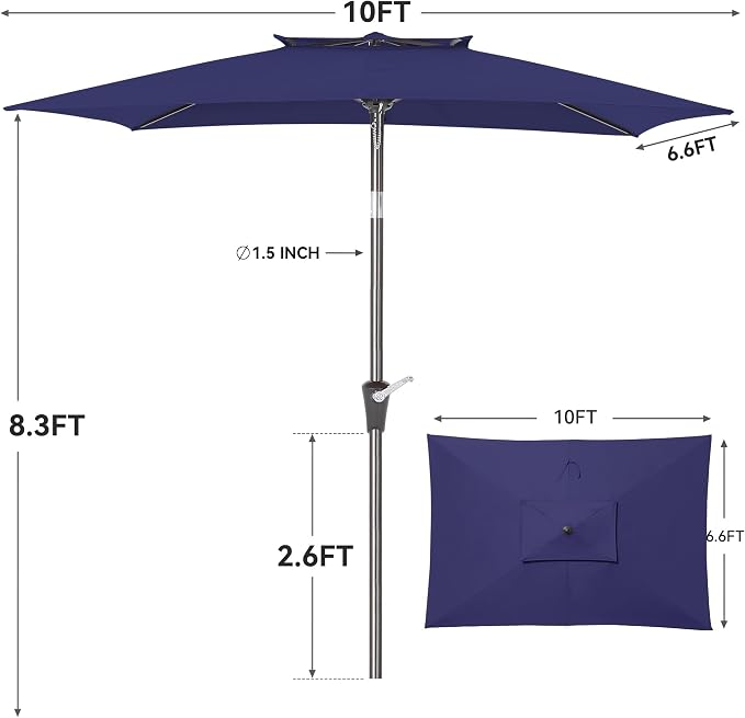 6.6 x 10 ft Rectangular Patio Umbrella, Outdoor Market Table Umbrella with Push Button Tilt and Crank, Double-Tier Vent, 6 Ribs, Rectangle Patio Umbrella for Backyard, Deck, Pool, Fits 4–6 Chairs and Tables (Navy)