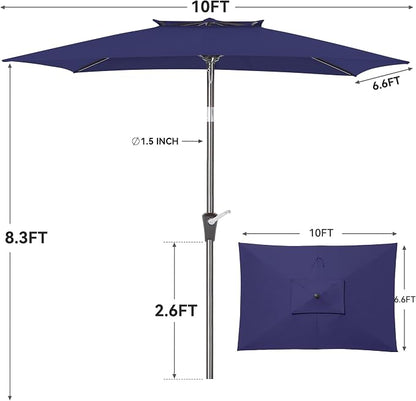6.6 x 10 ft Rectangular Patio Umbrella, Outdoor Market Table Umbrella with Push Button Tilt and Crank, Double-Tier Vent, 6 Ribs, Rectangle Patio Umbrella for Backyard, Deck, Pool, Fits 4–6 Chairs and Tables (Navy)
