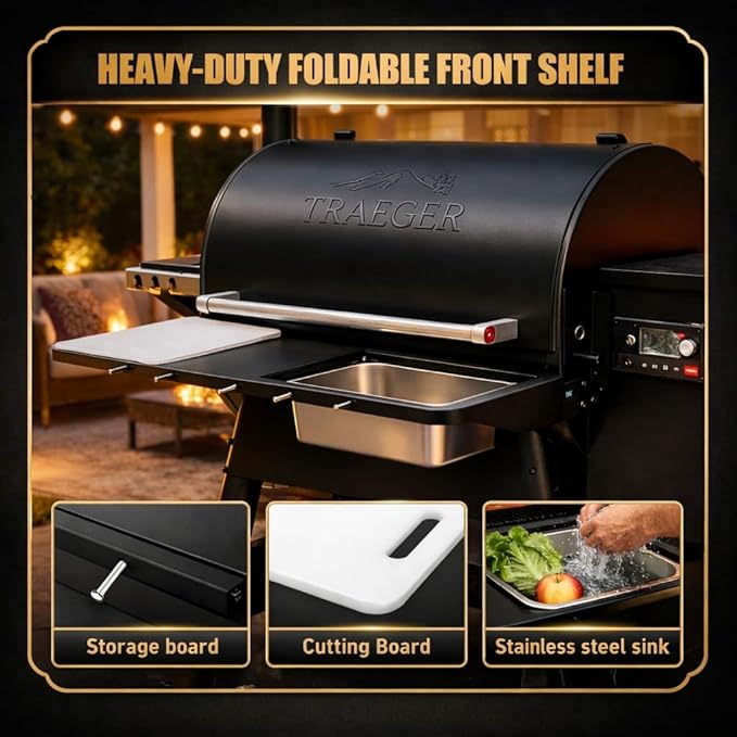 QuliMetal Folding Front Shelf for Traeger Pro 780 and Ironwood 885, Heavy-Duty Grill Prep Table with Cutting Board, Stainless Steel Basin, Lid and 5 Hooks, 32.5" x 11.5" Pellet Grill Shelf Accessory