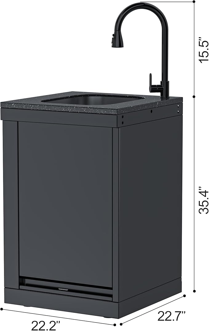 Black Stainless Steel Single Door Outdoor Sink Cabinet, Black Galaxy Granite Countertop, Hidden Handle, Pull-Down Faucet, Modular BBQ Island Prep Station for Backyard - Granite