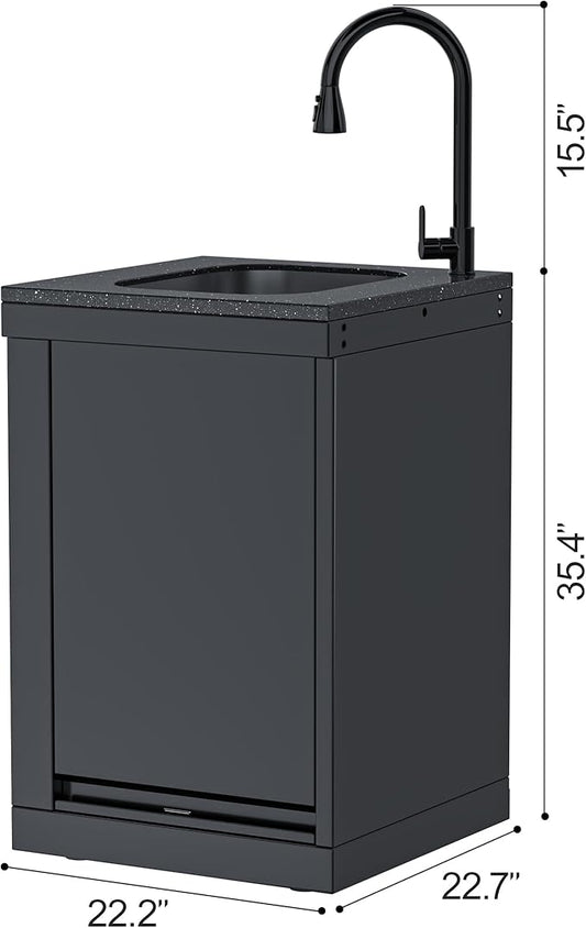 Black Stainless Steel Single Door Outdoor Sink Cabinet, Black Galaxy Granite Countertop, Hidden Handle, Pull-Down Faucet, Modular BBQ Island Prep Station for Backyard - Granite