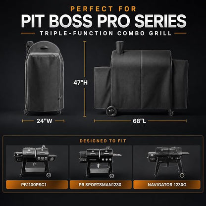 Hisencn Grill Cover for Pit Boss Pro Series Triple-Function Combo Grill PB1100PSC2, PB1100PSC1, Heavy-Duty Pellet Grill Smoker Cover for Pit Boss Sportman 1230 Pellet/Gas Combo Grill, Black, PB 67364